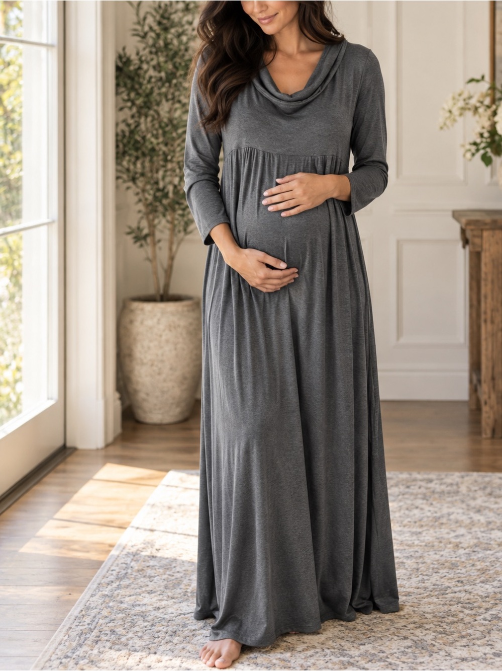 Mother Bee Maternity Charcoal Gray Cowl Neck Long Sleeve Maxi Dress Size Large